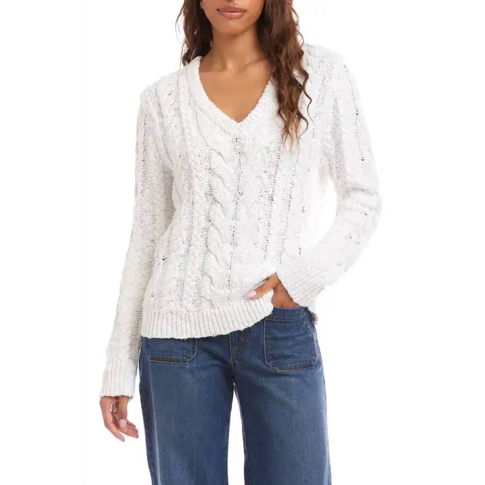 NEW KAREN KANE v neck cable sweater in white eyelet